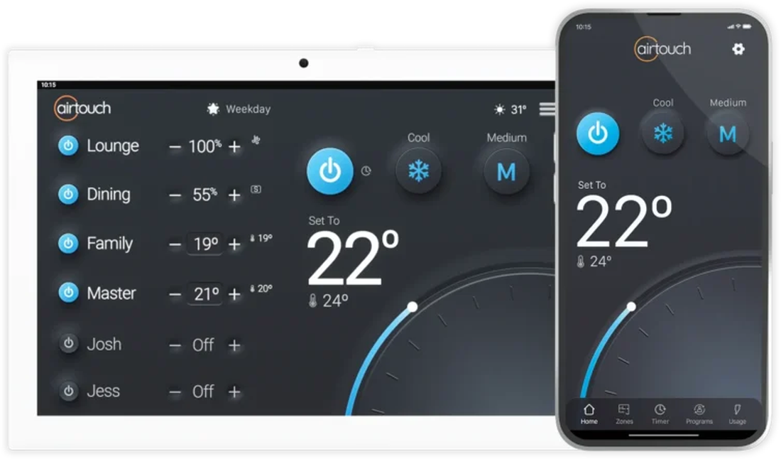 AirTouch 5 wall console and smartphone app showing per-room temperature control